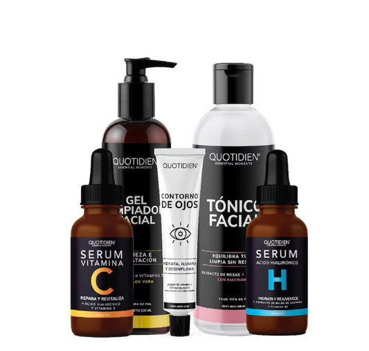 Kit Antiedad - Limpiador + Tónico + Serum Vitamina C + Serum Ácido Hialurónico + Contorno de Ojos