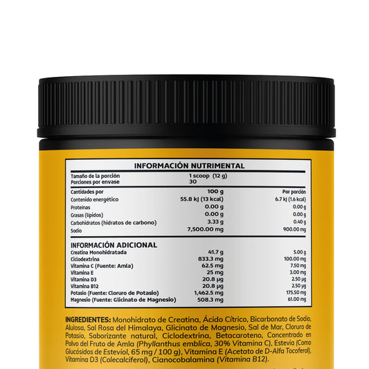 Creatina Monohidratada con Electrolitos y Ciclodextrina | 30 Porciones | Sabor Maracuya.