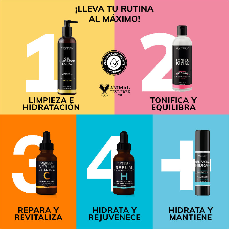 Kit Hidratante: Limpiador Facial + Tónico Facial + Serum de Vitamina C + Serum de Ácido Hialurónico + Gel Hidratante Facial
