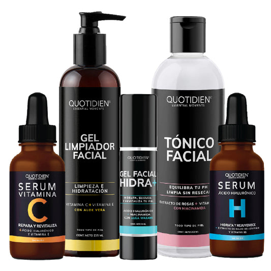 Kit Hidratante: Limpiador Facial + Tónico Facial + Serum de Vitamina C + Serum de Ácido Hialurónico + Gel Hidratante Facial
